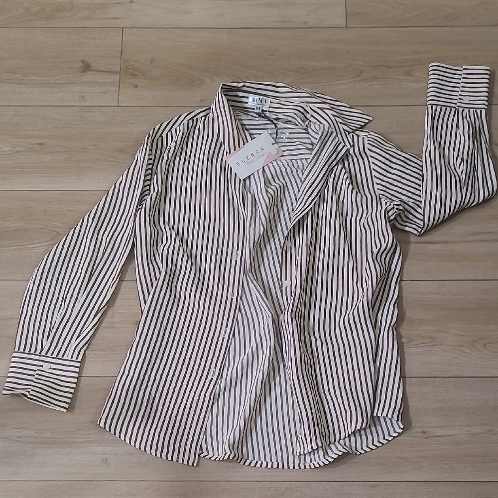 Blenca Young Contemporary Brown and White Striped Casual Shirt Size M